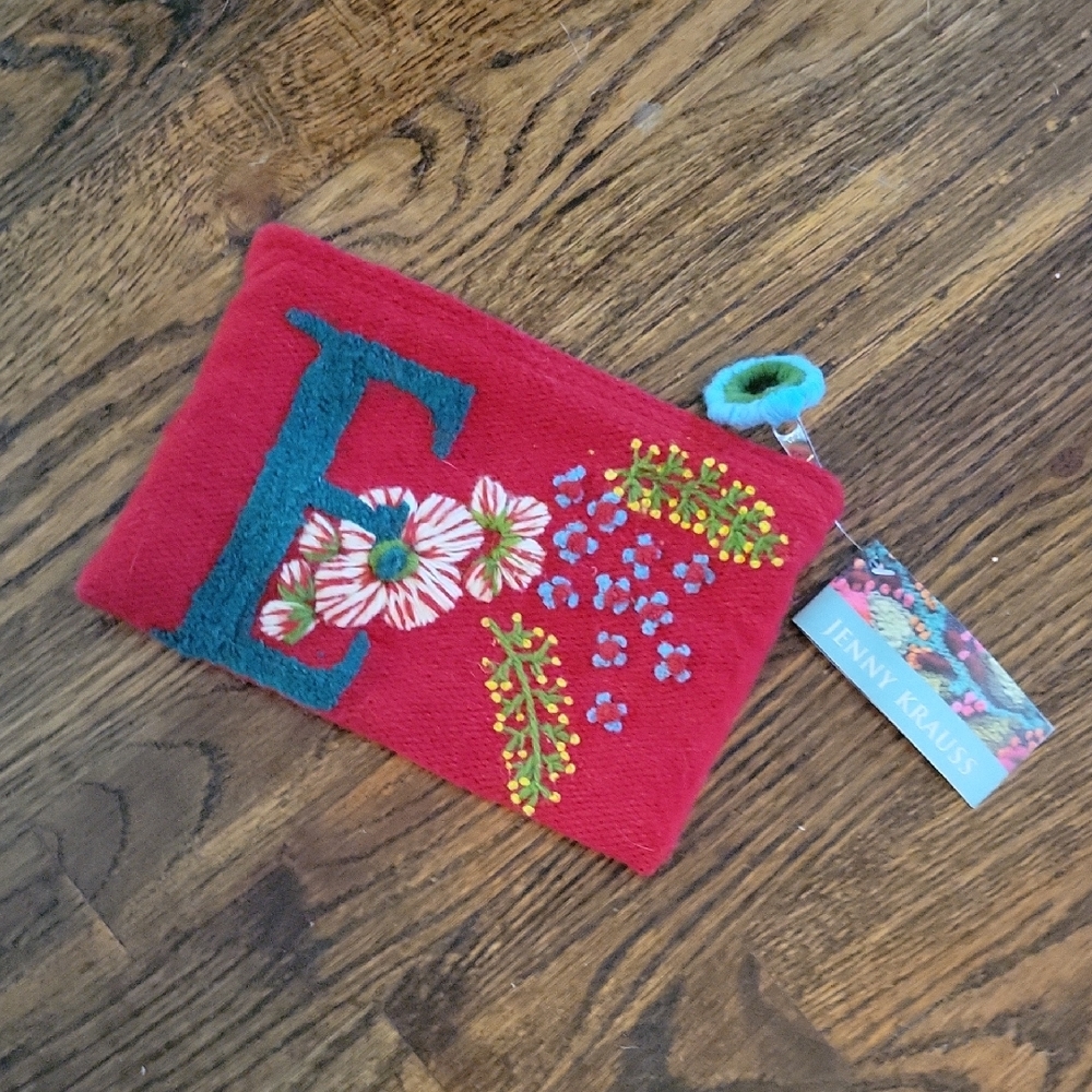 Jenny Krause "E" Red Embroidered Pouch